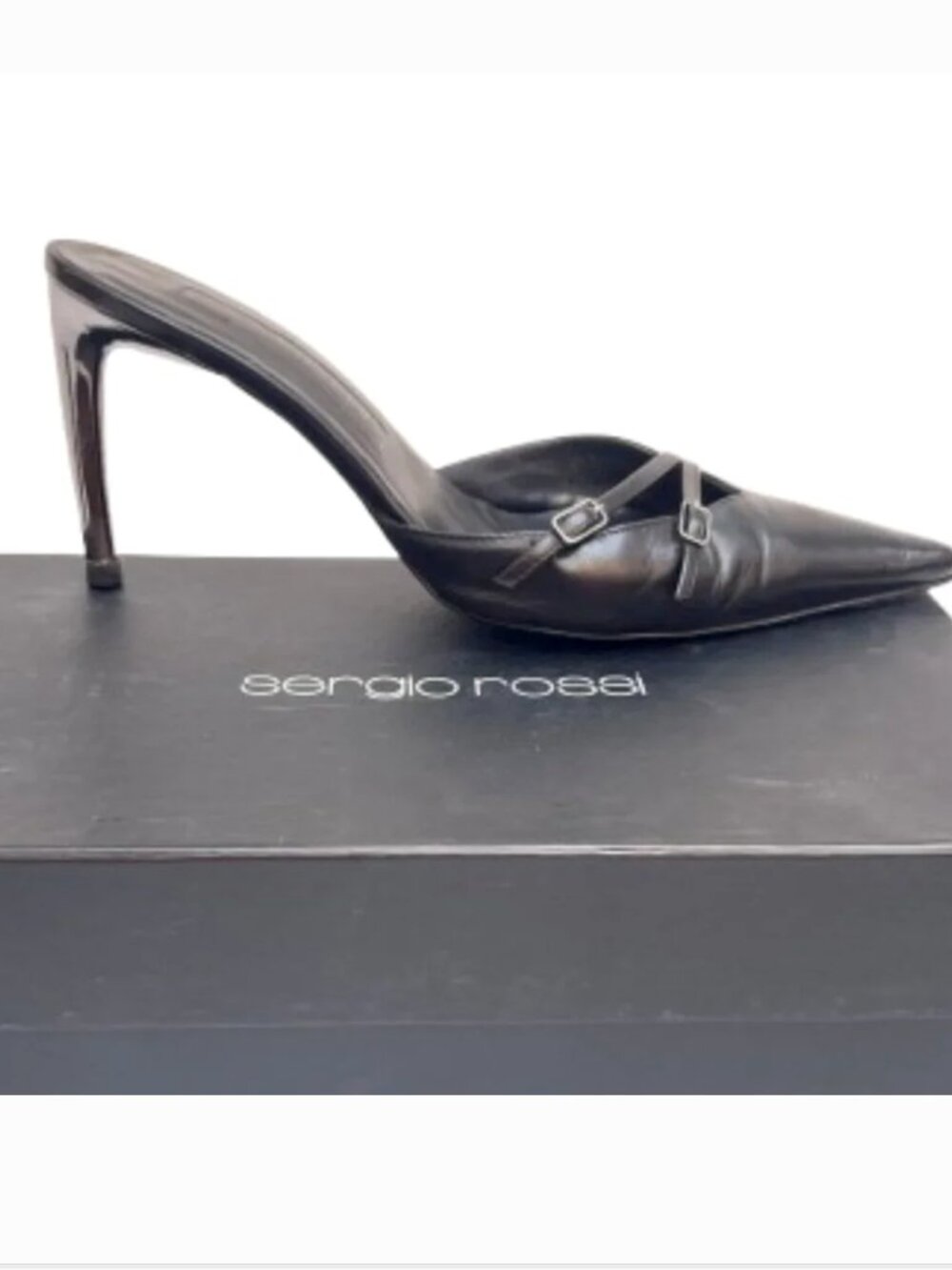 SERGIO ROSSI LEATHER BUCKLE BLACK MULES 6,5
